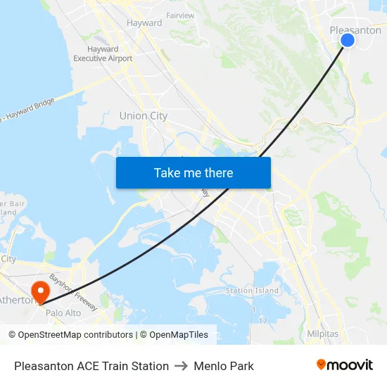 Pleasanton ACE Train Station to Menlo Park map