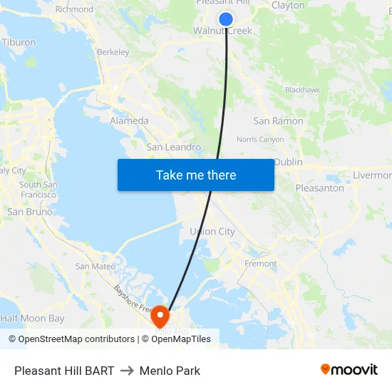 Pleasant Hill BART to Menlo Park map