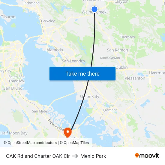 OAK Rd and Charter OAK Cir to Menlo Park map