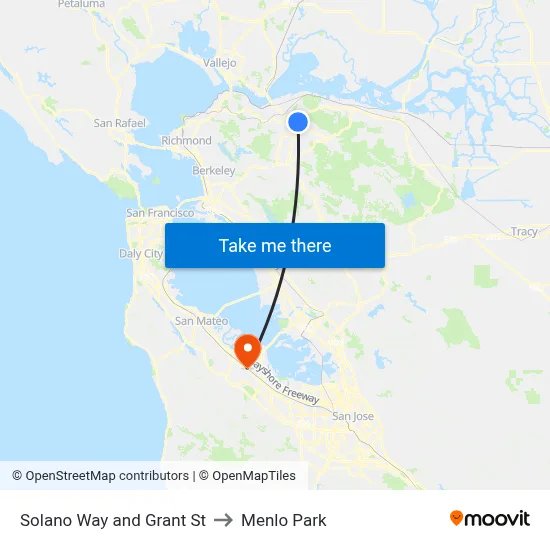 Solano Way and Grant St to Menlo Park map