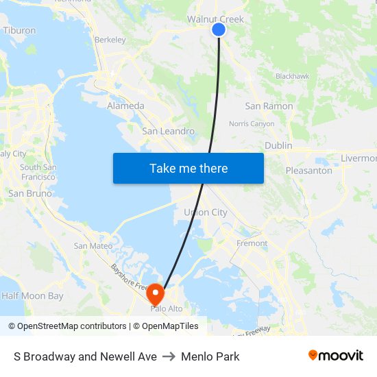 S Broadway and Newell Ave to Menlo Park map