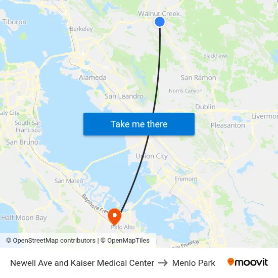 Newell Ave and Kaiser Medical Center to Menlo Park map