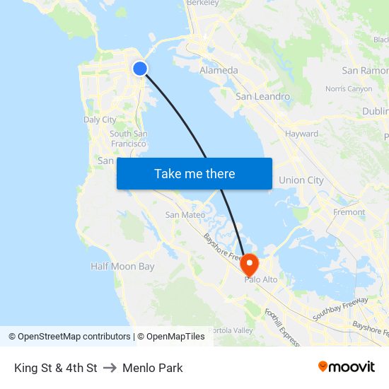 King St & 4th St to Menlo Park map