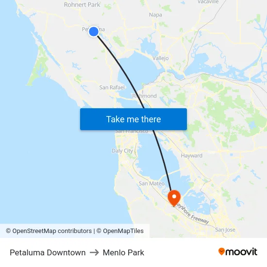 Petaluma Downtown to Menlo Park map