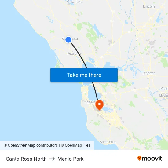 Santa Rosa North to Menlo Park map