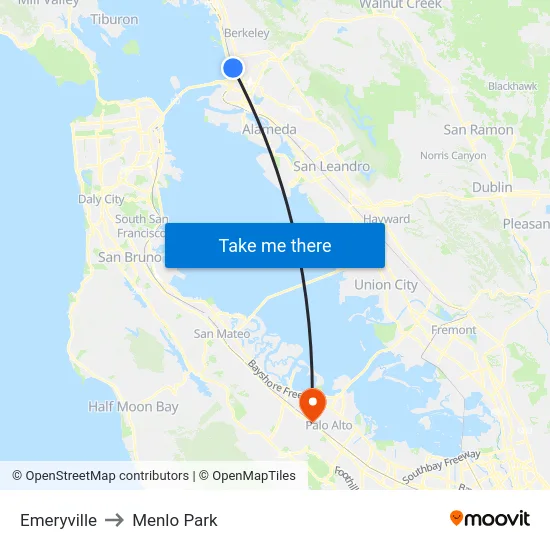 Emeryville to Menlo Park map
