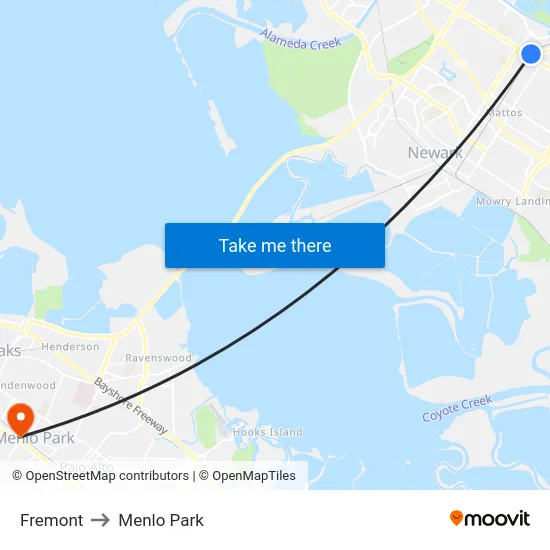 Fremont to Menlo Park map