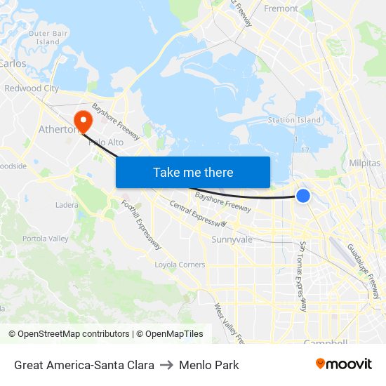 Great America-Santa Clara to Menlo Park map