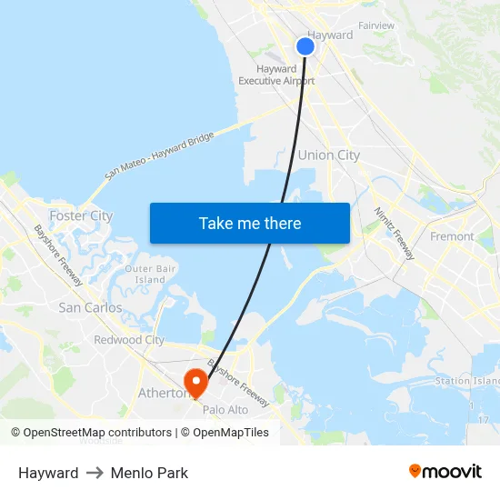 Hayward to Menlo Park map