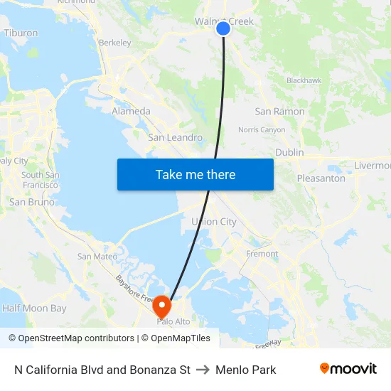 N California Blvd and Bonanza St to Menlo Park map