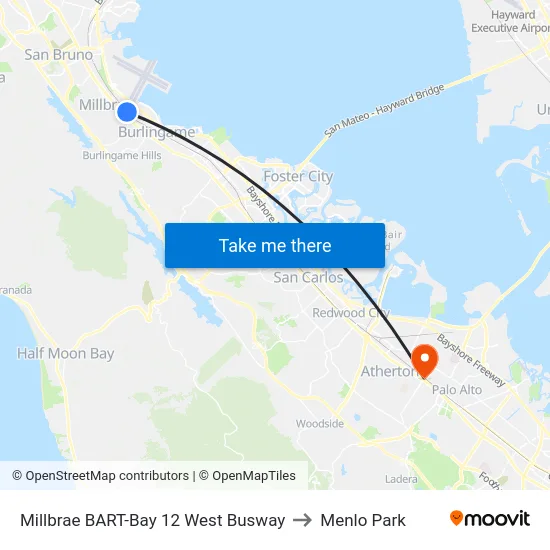 Millbrae BART-Bay 12 West Busway to Menlo Park map