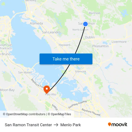 San Ramon Transit Center to Menlo Park map