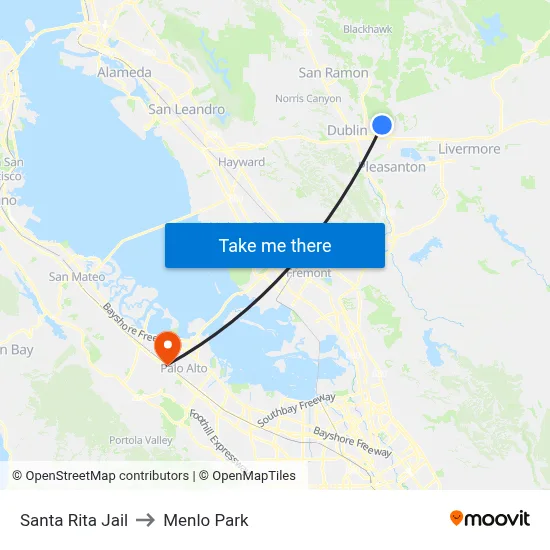 Santa Rita Jail to Menlo Park map