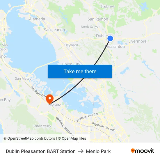 Dublin Pleasanton BART Station to Menlo Park map
