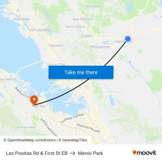 Las Positas Rd & First St EB to Menlo Park map