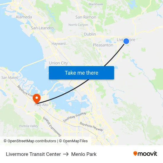 Livermore Transit Center to Menlo Park map
