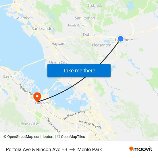 Portola Ave & Rincon Ave EB to Menlo Park map