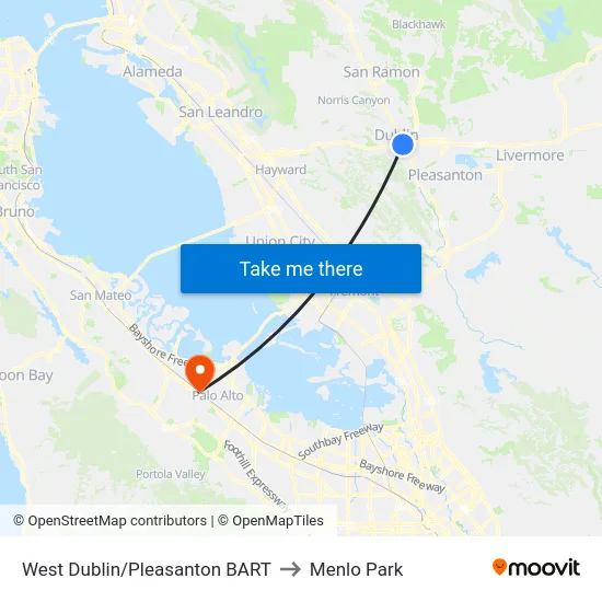 West Dublin/Pleasanton BART to Menlo Park map