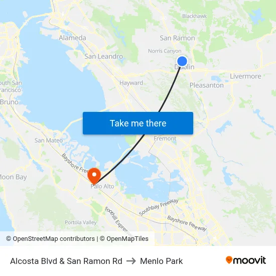 Alcosta Blvd & San Ramon Rd to Menlo Park map
