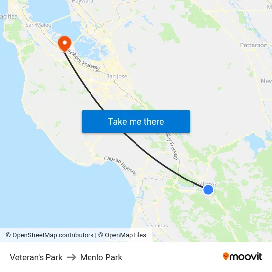 Veteran's Park to Menlo Park map