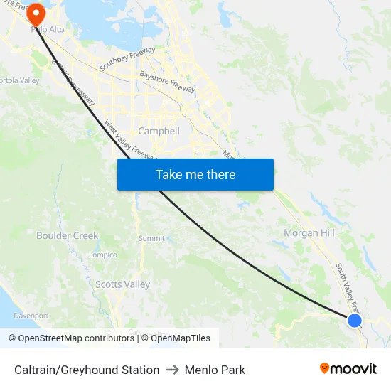 Caltrain/Greyhound Station to Menlo Park map