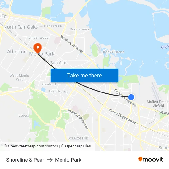 Shoreline & Pear to Menlo Park map