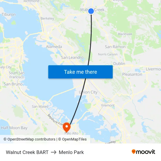Walnut Creek BART to Menlo Park map