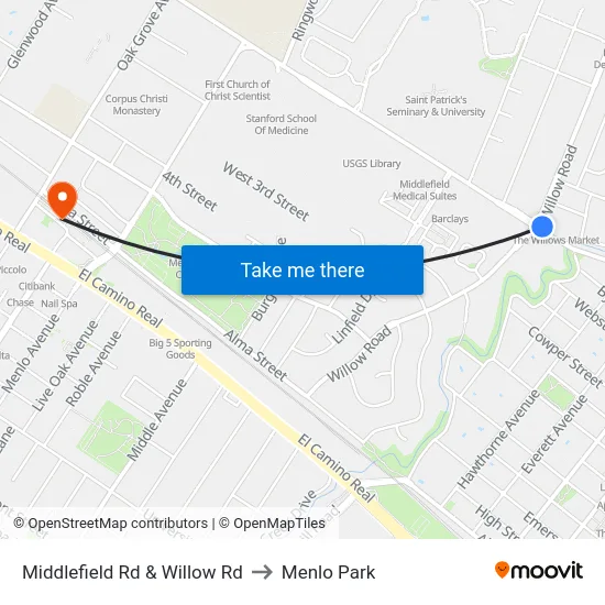 Middlefield Rd & Willow Rd to Menlo Park map