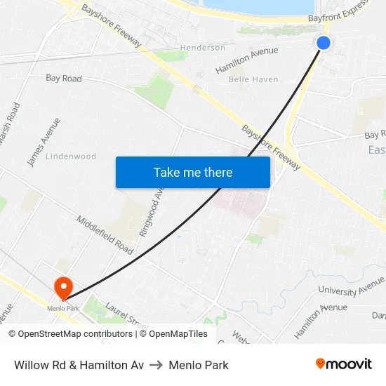 Willow Rd & Hamilton Av to Menlo Park map