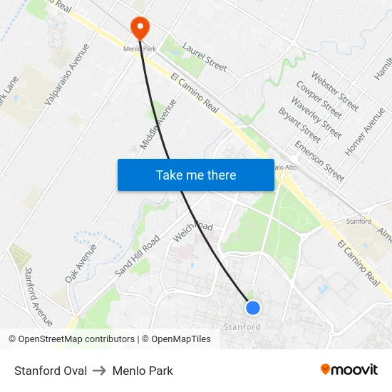 Stanford Oval to Menlo Park map