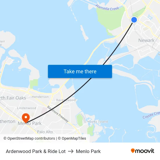 Ardenwood Park & Ride Lot to Menlo Park map