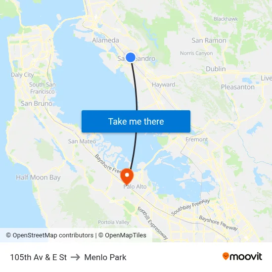 105th Av & E St to Menlo Park map