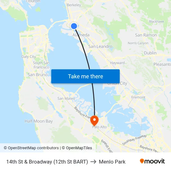 14th St & Broadway (12th St BART) to Menlo Park map