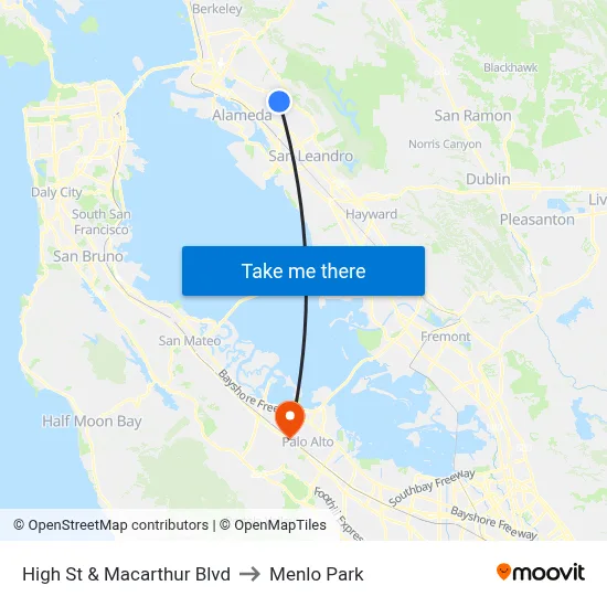 High St & Macarthur Blvd to Menlo Park map