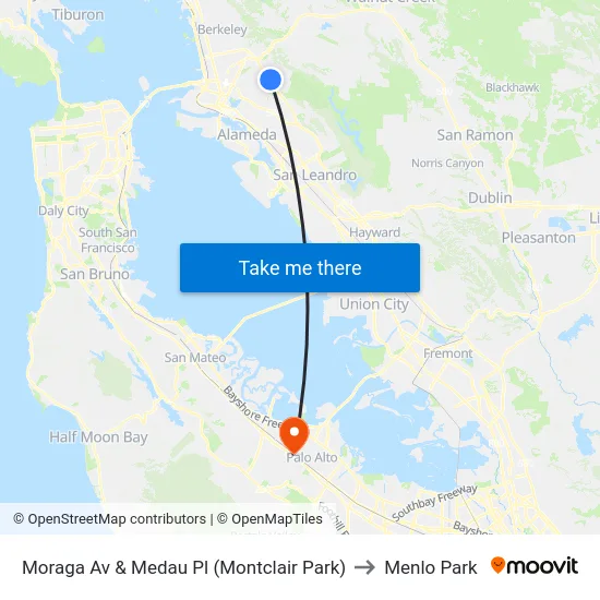 Moraga Av & Medau Pl (Montclair Park) to Menlo Park map