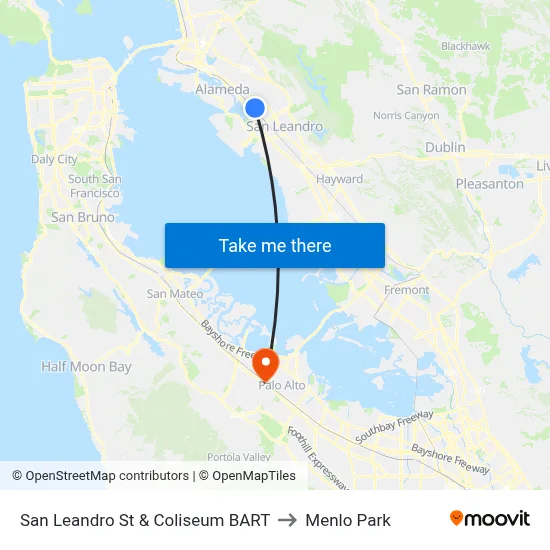 San Leandro St & Coliseum BART to Menlo Park map