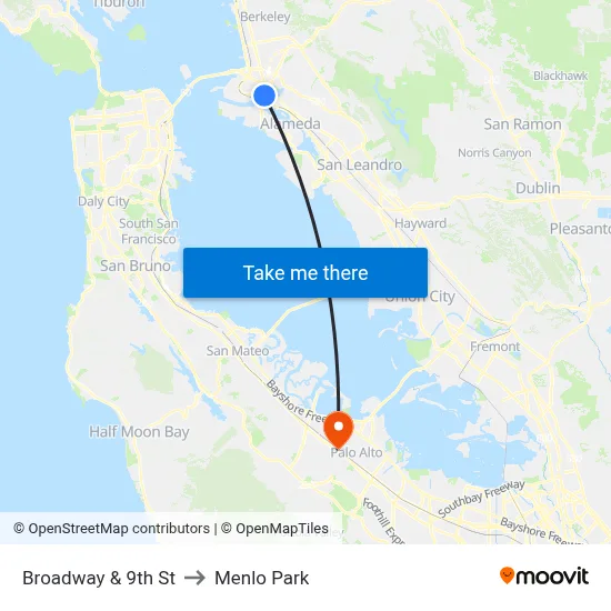 Broadway & 9th St to Menlo Park map