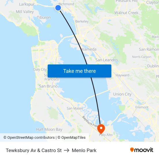 Tewksbury Av & Castro St to Menlo Park map