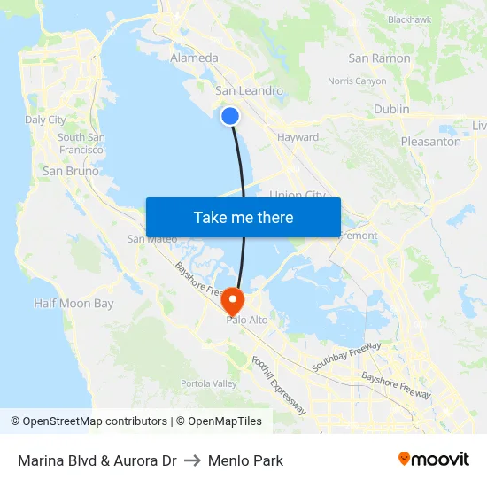 Marina Blvd & Aurora Dr to Menlo Park map