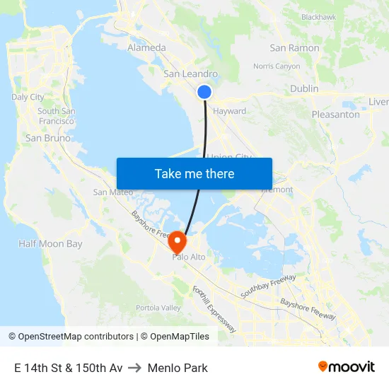 E 14th St & 150th Av to Menlo Park map