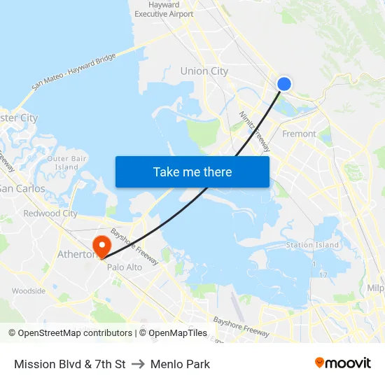 Mission Blvd & 7th St to Menlo Park map