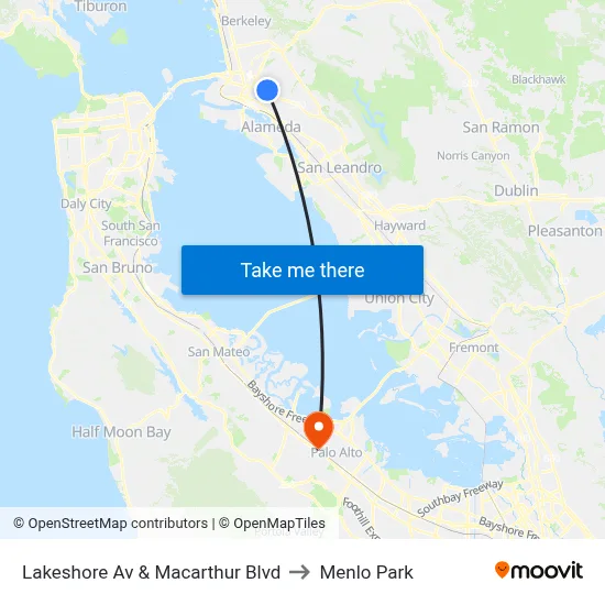 Lakeshore Av & Macarthur Blvd to Menlo Park map