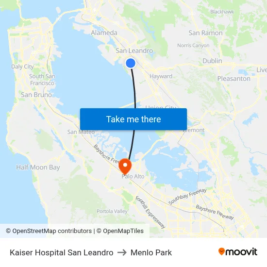 Kaiser Hospital San Leandro to Menlo Park map