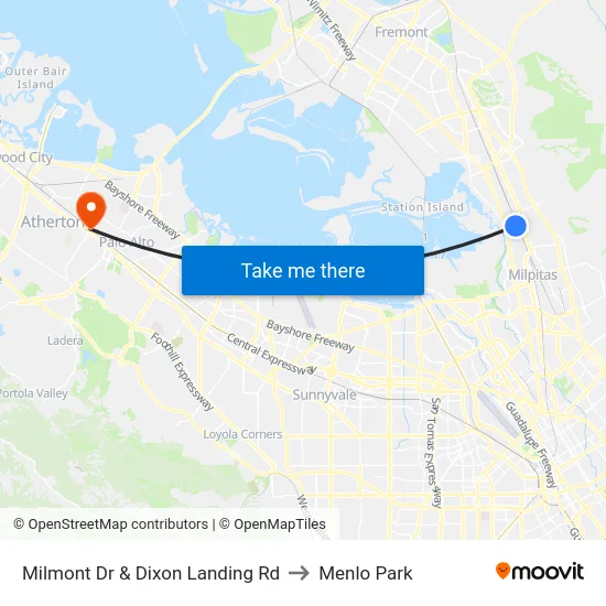 Milmont Dr & Dixon Landing Rd to Menlo Park map