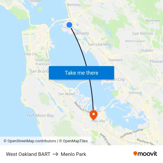 West Oakland BART to Menlo Park map