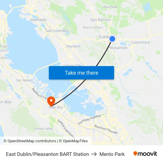 East Dublin/Pleasanton BART Station to Menlo Park map