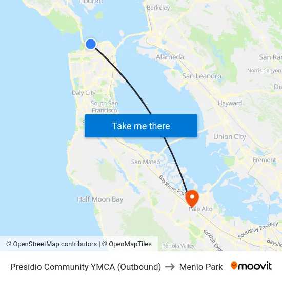 Presidio Community YMCA (Outbound) to Menlo Park map