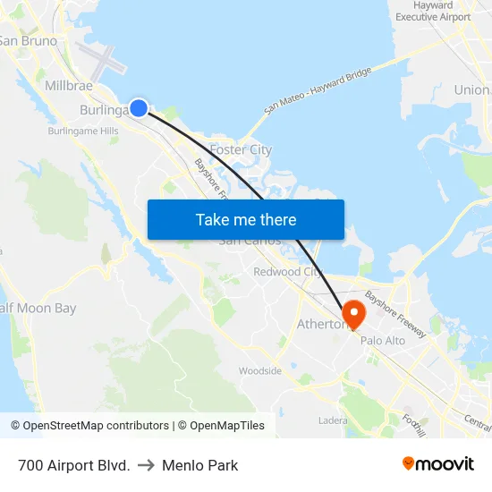 700 Airport Blvd. to Menlo Park map