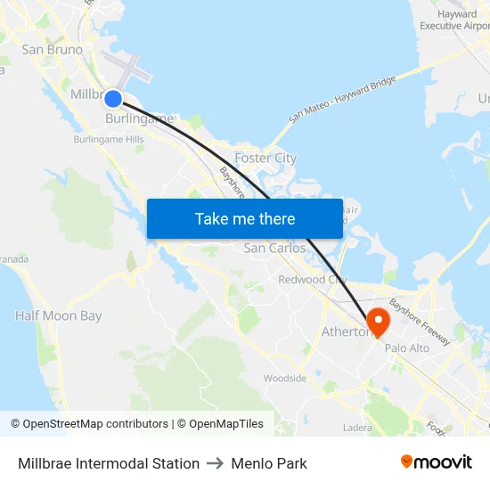 Millbrae Intermodal Station to Menlo Park map