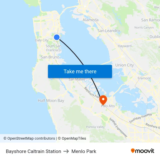 Bayshore Caltrain Station to Menlo Park map